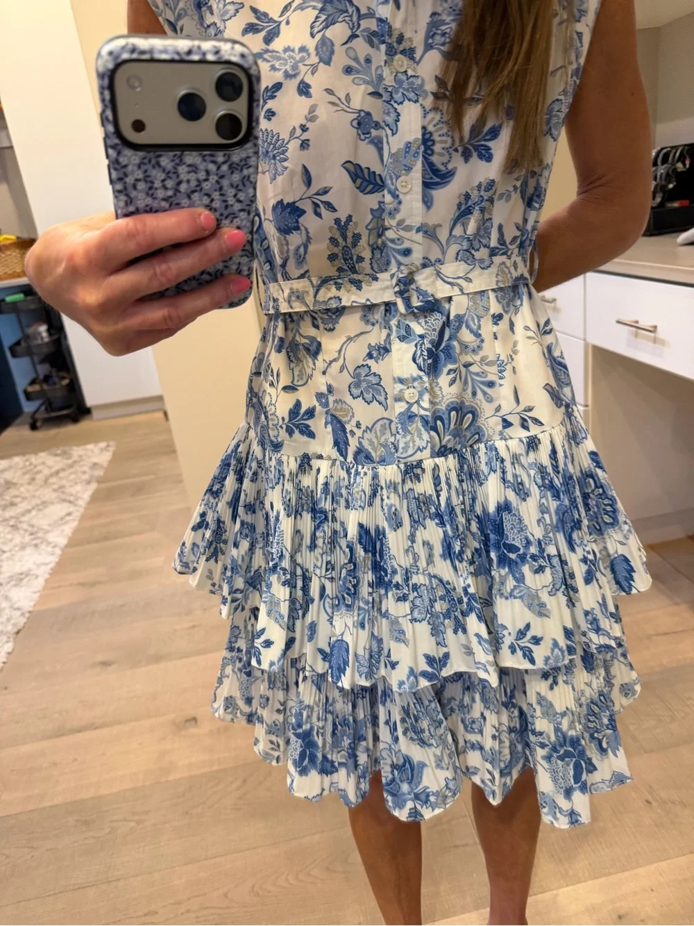Avara Current Air White and Blue Floral Tiered Shirtwaist Dress - Picture 7 of 8